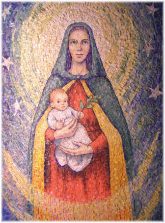 Madonna con Bambino, mosaico di Elena Mazzari (1994) nella chiesa di S. Camillo de Lellis di Padova